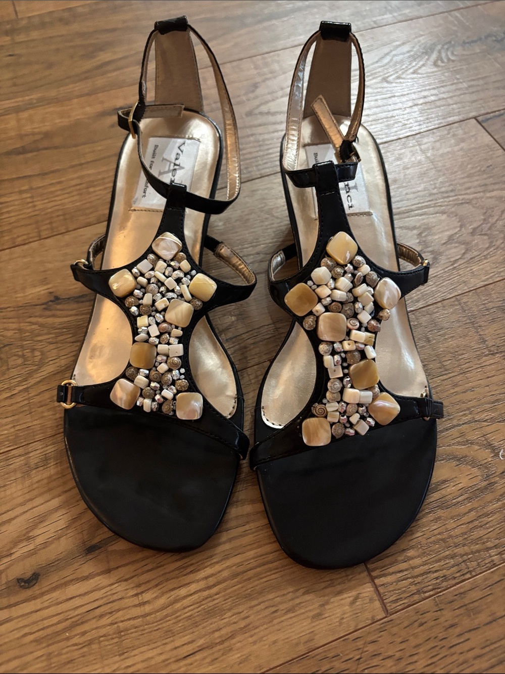 Aj Valenci Black Sandals with Beige and Cream Beaded Accents